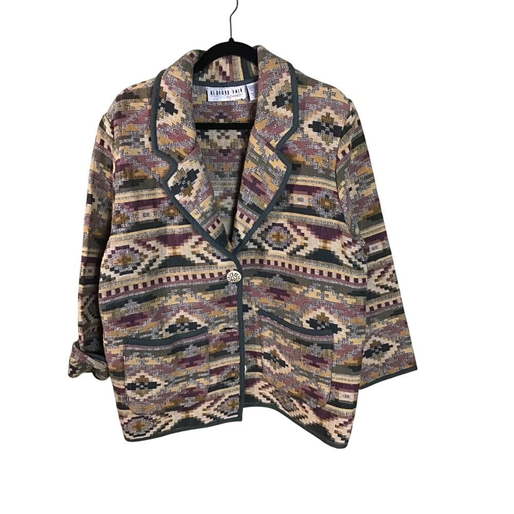 Bedford Fair Vtg southwest Aztec tribal oversize long line tapestry jacket Sz.LP